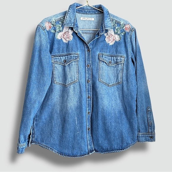 Mavi Jackets & Blazers - Mavi Blue Denim Shirt Jacket with Pink & Green Floral Embroidery